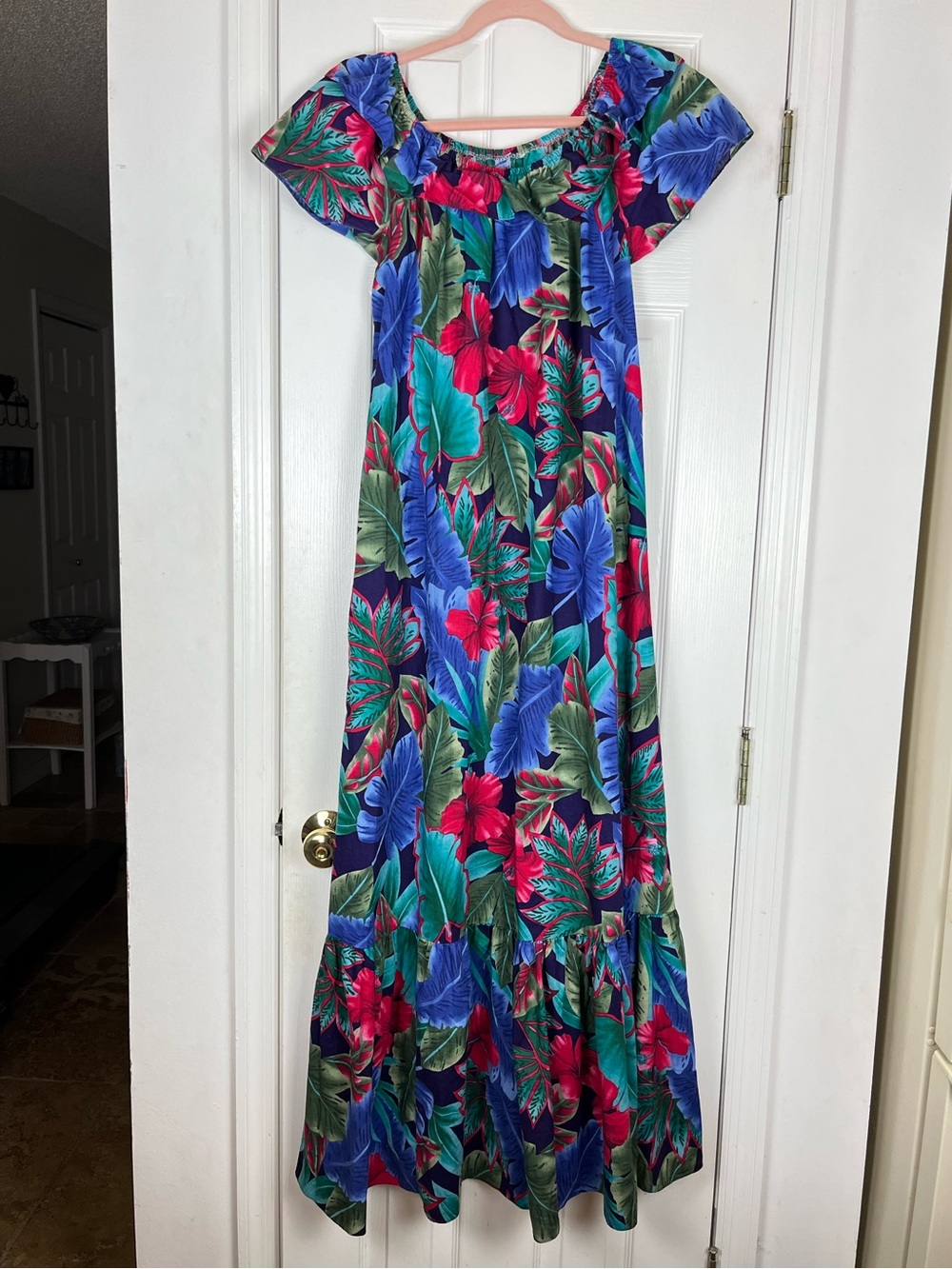 Vintage Hilo Hattie Tropical Floral Print Cotton Maxi Dress Off Shoulder Sz M